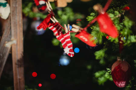 Decorated Christmas tree on  blurred, sparkling and fairy backgroundの写真素材