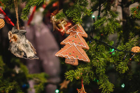 Decorated Christmas tree on  blurred, sparkling and fairy backgroundの写真素材