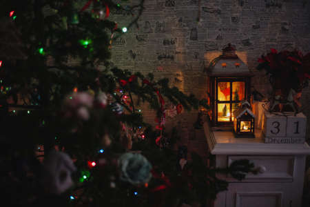 Decorated Christmas tree on  blurred, sparkling and fairy background