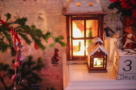 Decorated Christmas tree on  blurred, sparkling and fairy backgroundの写真素材