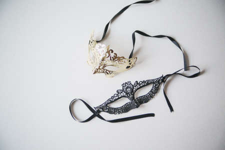 Vintage venetian mask on wooden backgroundの写真素材