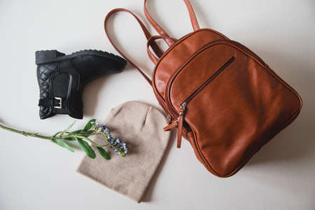 various women's accessories on wooden backgroundの写真素材