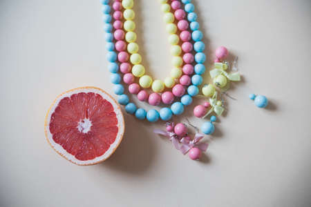 various women's accessories on wooden backgroundの写真素材