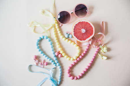various women's accessories on wooden backgroundの写真素材