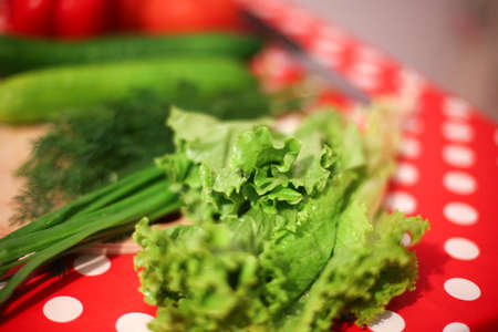 vegetables and fruits to lie on polka dot backgroundの写真素材