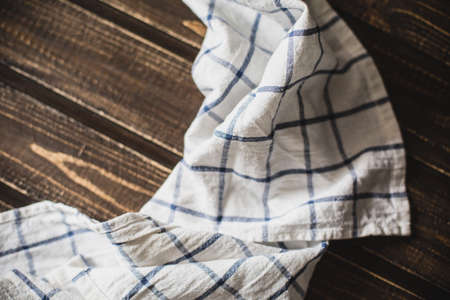 Kitchen table with a blue towel. Top view with copy spaceの写真素材