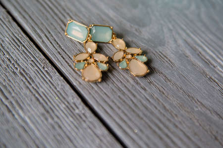 various women's accessories on wooden backgroundの写真素材