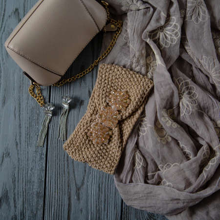 various women's accessories on wooden backgroundの写真素材