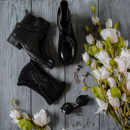 various women's accessories on wooden backgroundの写真素材