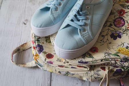 various women's accessories on wooden backgroundの写真素材