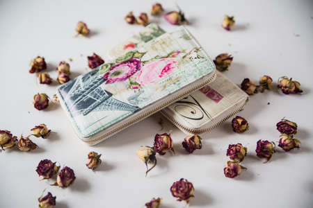 various women's accessories on wooden background