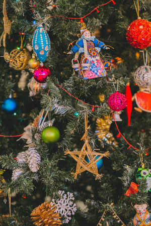 Decorating Christmas tree close up, use for Christmas and New years celebration backgroundの写真素材