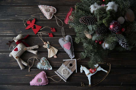 Christmas decorations on dark wooden backgroundの写真素材