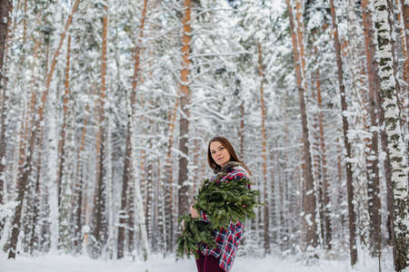 girl holding fir branches in winter snowy forest before Christmasの写真素材