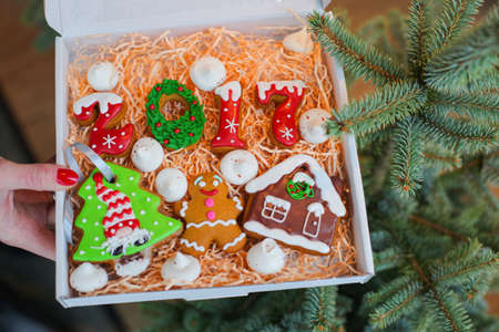 Christmas homemade gingerbread cookies on table, new year 2017の写真素材