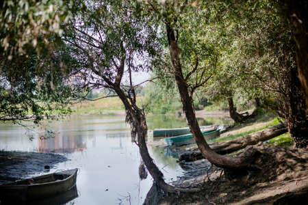 Old wooden boat on a coast of the lakeの写真素材
