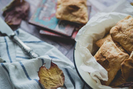 Crispy patties of puff pastry closeup rustic