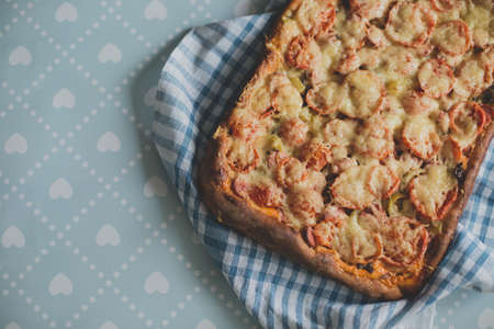 Home made artisan veggie pizza pie with onions peppersの写真素材