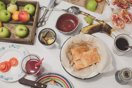 Lots of meals served on tableの写真素材