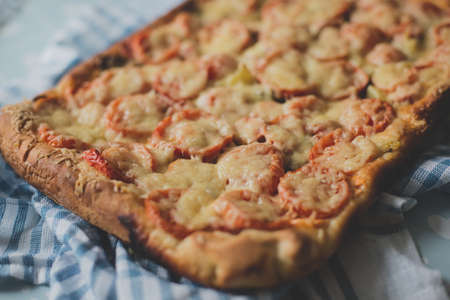 Home made artisan veggie pizza pie with onions peppersの写真素材