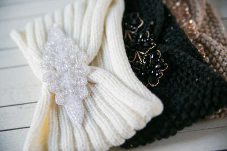 two skeins of wool and knitted headband gradientの写真素材