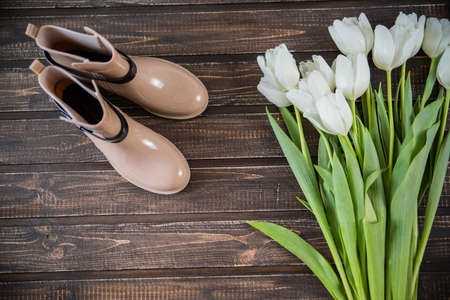 Female shoes with flowers on wooden backgroundの写真素材