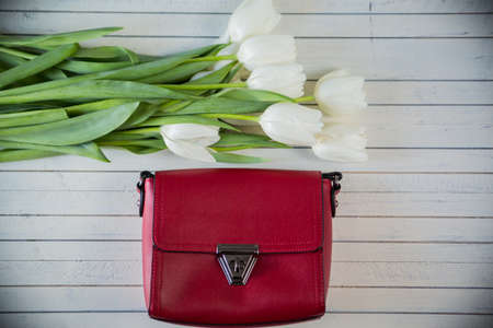 pink woman bag with flowersの写真素材