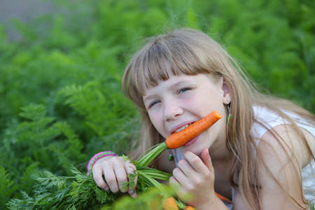 two sisters play summer in the garden and eat carrotsの写真素材
