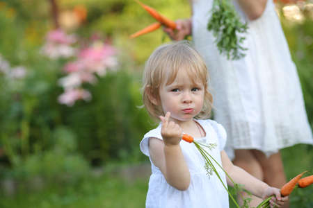 two sisters play summer in the garden and eat carrotsの写真素材