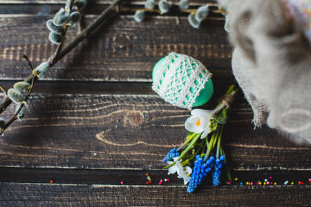 Easter eggs on wooden tableの写真素材