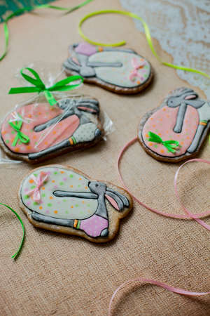 Easter gingerbread cookies in the backgroundの写真素材