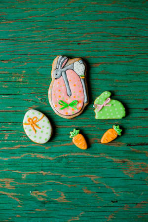 Easter gingerbread cookies in the shape of hares and carrots