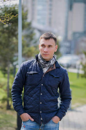 Portrait of a young handsome man, model of fashionの写真素材