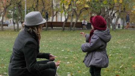 Mom and daughter in the park playing throwing leavesの写真素材