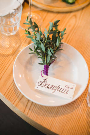 festively decorated table in the interior of the restaurantの写真素材