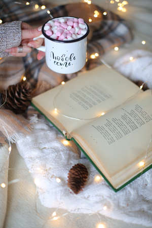 Christmas composition. garland book and marshmallow mug. Flat laの写真素材