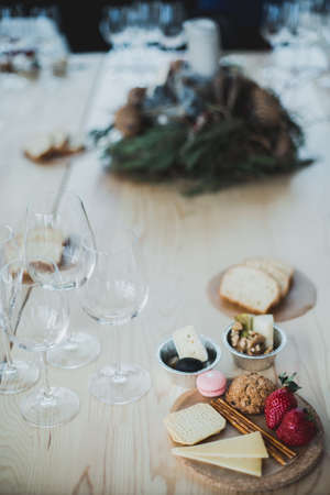Table setting with wine and snacks, etiquetteの写真素材