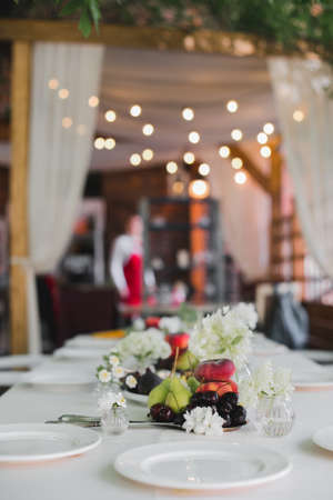 Wedding table setting. Festive table with white tablecloth. guests sit at the table. on the table are fruits, cheeses, glasses. cheese and wine tastingの写真素材