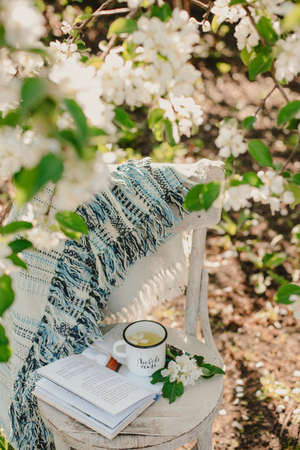 Novosibirsk city, 05/12/2020. composition with a cup of tea with a plaid and a book on a chair on a background of wood. breakfast in natureのeditorial素材
