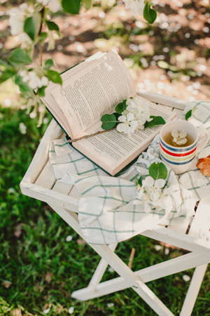Novosibirsk city, 05/12/2020. composition with a cup of tea with a plaid and a book on a chair on a background of wood. breakfast in natureのeditorial素材