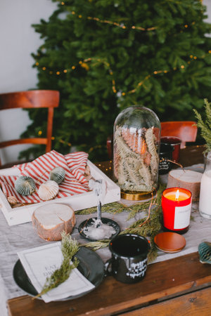 Christmas decor in the interior. christmas table settingの写真素材