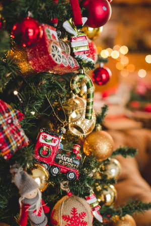 christmas decorations on christmas tree, holiday conceptの写真素材