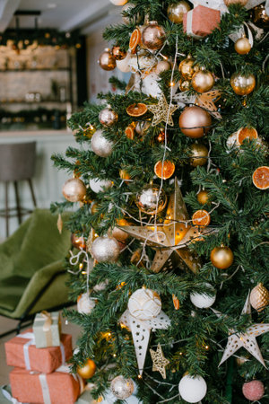 christmas decorations on christmas tree, holiday conceptの写真素材