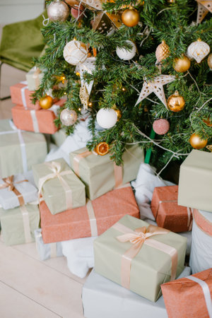 christmas decorations on christmas tree, holiday conceptの写真素材