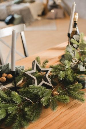 Christmas decor in the interior. christmas table settingの写真素材
