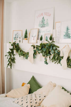 bright interior in Scandinavian style, decorations for Christmasの写真素材