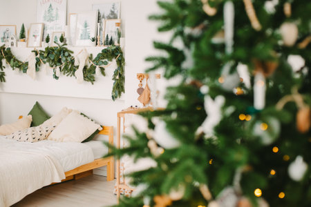 bright interior in Scandinavian style, decorations for Christmasの写真素材
