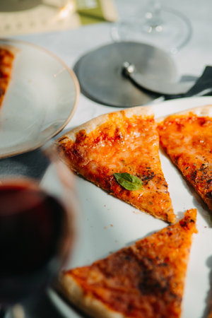 Traditional Italian pizza, vegetables, ingredients on a light background.Pizza menu. View from above. Place for text.の写真素材