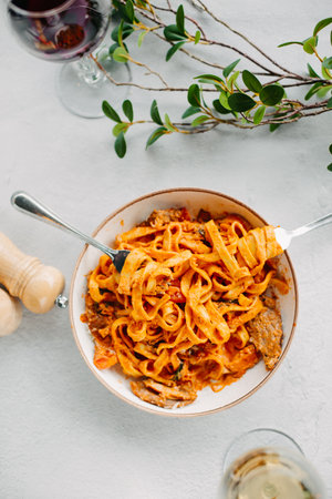 Pasta bavette with fried shrimps, bechamel sauce. Woman hands in frame, girl eats pasta, holds fork in hands, top view, italian cuisine.の写真素材
