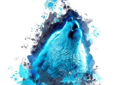 Wolf in the blue watercolor background. Close-up portrait of a big strong wolf painted in watercolors...の写真素材